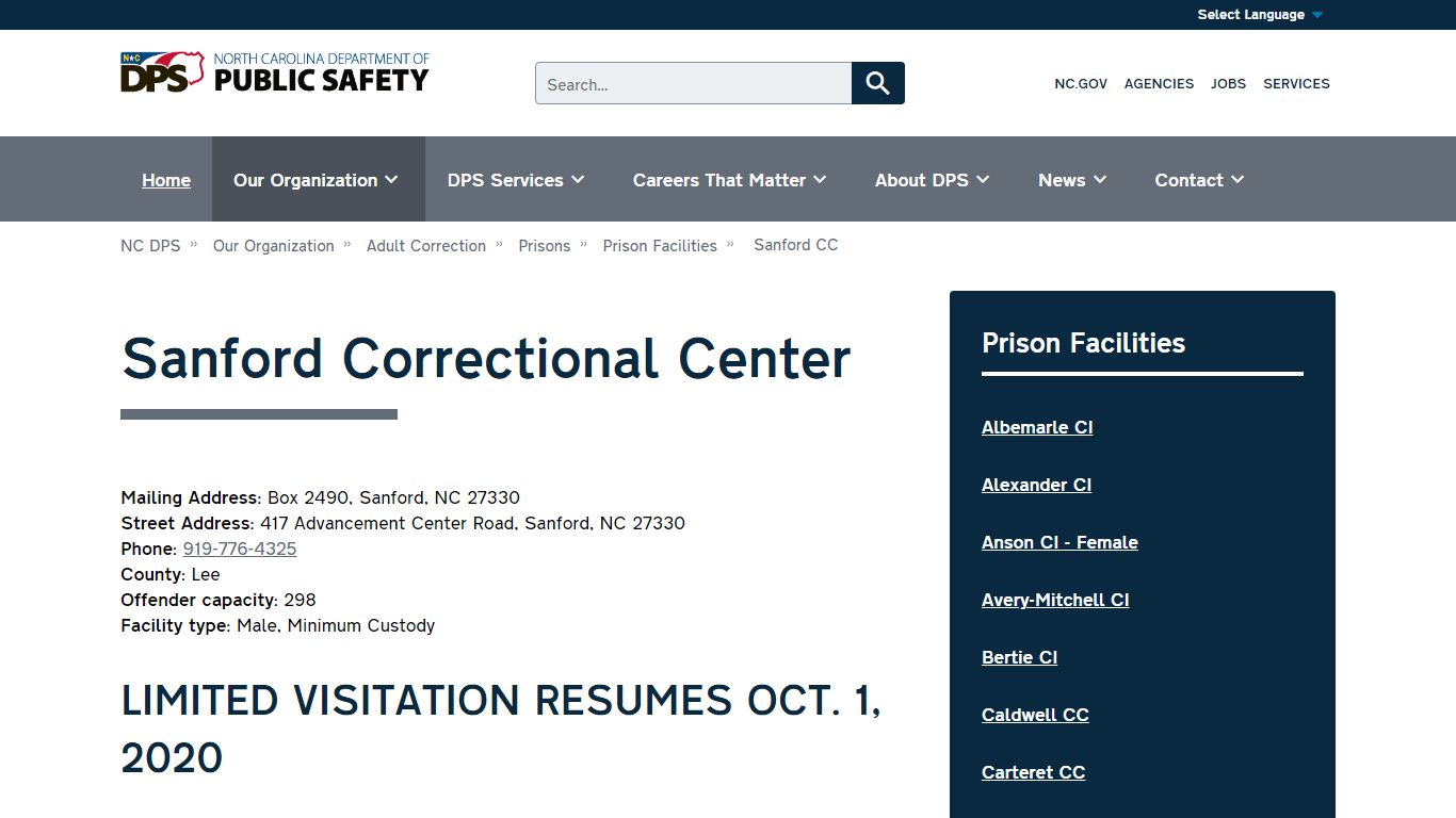 NC DPS: Sanford Correctional Center